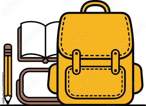 Bright yellow backpack with an open book and pencil ready for school adventures and learning.