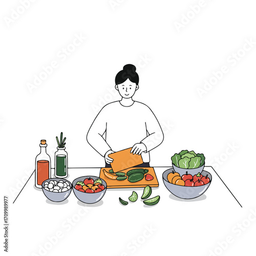 A simplified 2D flat vector shows a person preparing a vibrant, healthy salad in a modern kitchen setting, featuring an assortment of fresh vegetables and fruits on the counter.