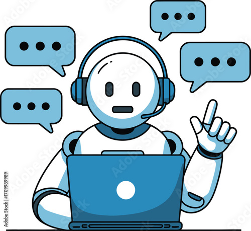 Friendly robot assistant provides customer support with laptop and chat bubbles, offering modern tech solutions