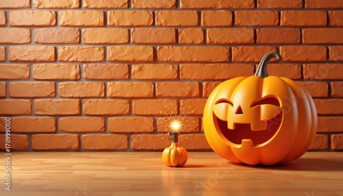 Smiling jack-o'-lantern and a glowing pumpkin sparkler on a wooden floor in front of an orange brick wall, capturing the festive spirit of Halloween.