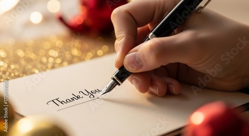 Handwritten Thank You Note with Festive Holiday Decorations.
