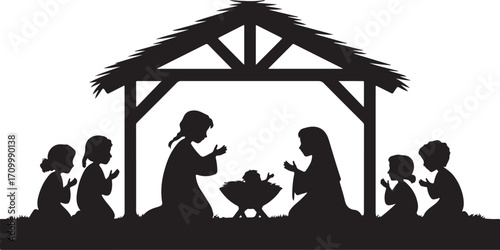 Black silhouette of a nativity scene with baby Jesus Mary Joseph and shepherds under a stable roof nativity scene silhouette