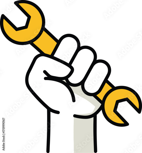 Determined hand firmly grips wrench symbolizing power, strength, and DIY success