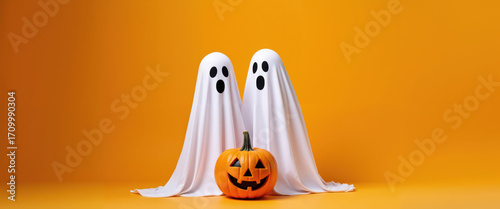 Two white sheet ghosts standing next to a carved Halloween pumpkin on a warm orange background, Halloween.
