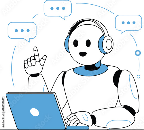 Friendly robot assistant with headset uses laptop, offering innovative digital communication solutions and smart technology.