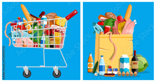 Shopping cart and paper bag full of fresh food. Grocery store item set. Supermarket shopping concept. Consumerism and commerce.
