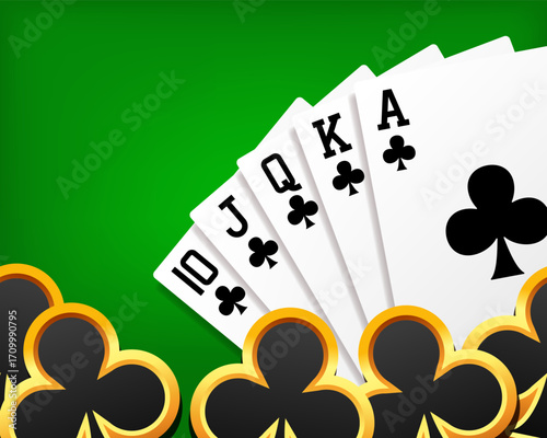 Royal Flush background. Combination of royal flush and clubs suit icon. Vector 3d clipart.