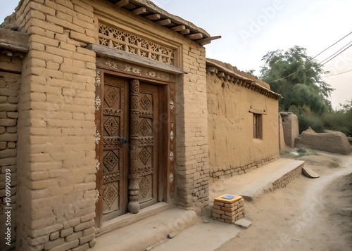 Old mud-brick house with wooden carved door in a Punjab village, rustic textures, natural light, DSLR realism
