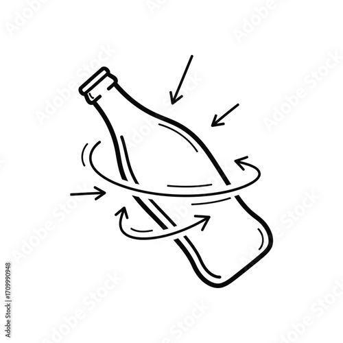 Illustration of a bottle being sanitized with arrows indicating cleaning motion for hygiene and safety