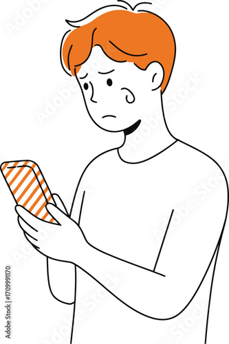 Young man looking worried at his smartphone screen with a concerned expression