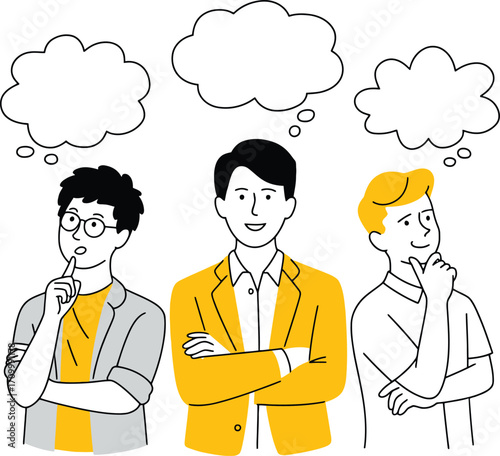 Three diverse men pondering ideas with empty thought bubbles above their heads, brainstorming solutions
