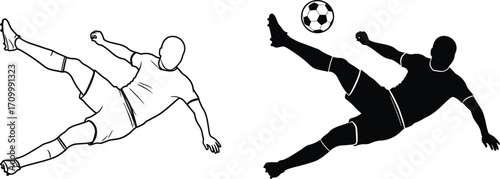 Dynamic soccer player silhouette performing a spectacular mid air kick with the ball