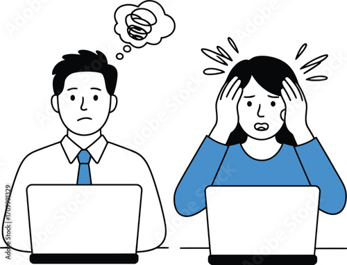 Stressed colleagues struggling with deadlines and overwhelming work, feeling frustrated and confused