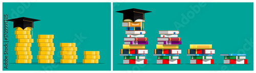 Graduation cap on stacks of coins and books representing education cost and value. College student fee versus knowledge.