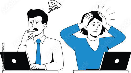 Overwhelmed business professionals struggling with demanding projects and deadlines at their laptops.