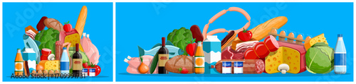 Grocery set with different food items on blue background. Fresh organic products, fresh market, supermarket concept.