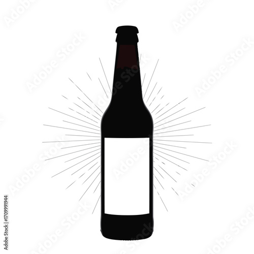 Illustration of a dark beer bottle with blank label and sunburst effect, perfect for branding