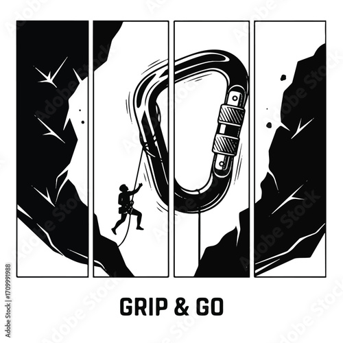 A stylized black and white illustration of a rock climber rappelling from a large carabiner on a cliff face, with the text 'Grip & Go'.