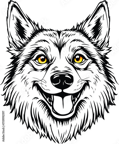 Expressive Wolf Head Vector — Detailed Black and White Illustration with Intricate Fur and Bright Yellow Eyes in Friendly Style