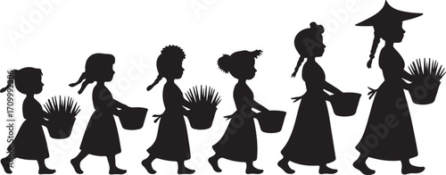 Black silhouettes of children in dresses carrying baskets of plants in a line black and white walking