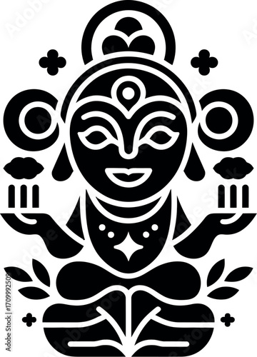 Stylized black silhouette of a seated deity holding offerings, radiating peace and spirituality.