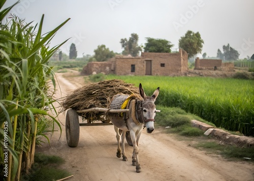 Donkey cart carrying sugarcane in Punjab village, natural background, DSLR quality, authentic cultural transport
