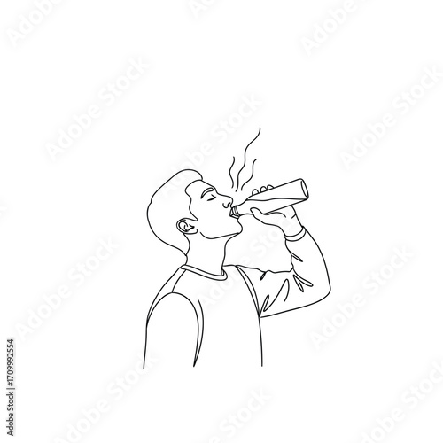 Vector art of minimalist line art of a man drinking from a bottle, , conveying thirst and refreshment in a simple design