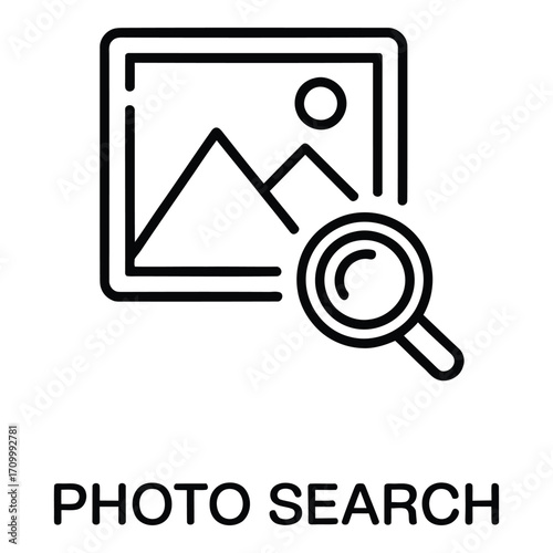 Searching for images online with a magnifying glass and a picture frame showing mountains view icon silhouette