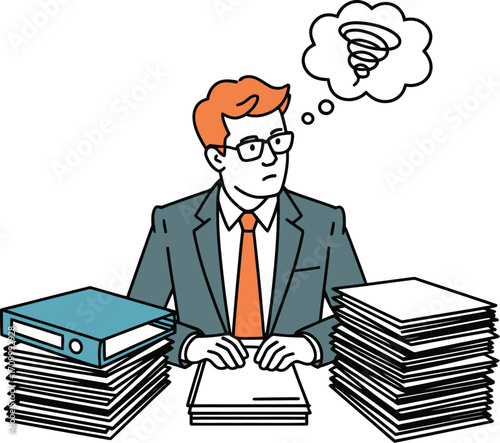 Overwhelmed businessman drowning in paperwork, struggling with complex tasks and deadlines