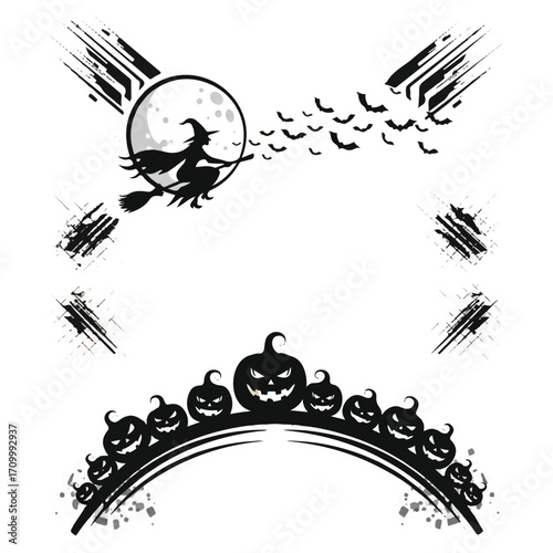 Halloween witch flying on a broomstick with pumpkins and bats.