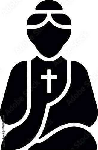 Clergywoman in traditional attire with a cross symbol, representing faith and service