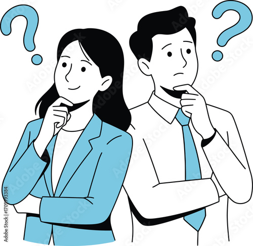 Business colleagues ponder important decisions with question marks hovering above