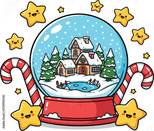 Charming christmas snow globe with cozy cabin and candy canes