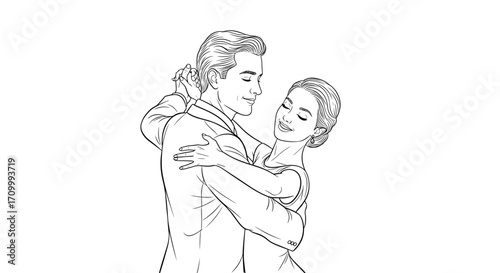 Happy couple dancing together in line art illustration