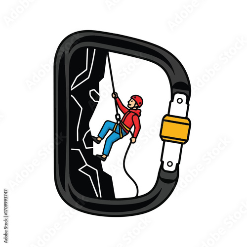 A cartoon rock climber rappelling down a cliff, framed within a large black carabiner.