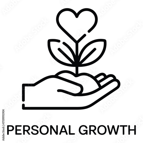 Growth in hand with heart shaped plant representing personal development and care and nurture concept silhouette