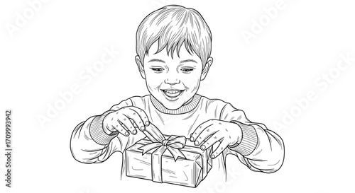 Smiling boy opening birthday present in line art illustration