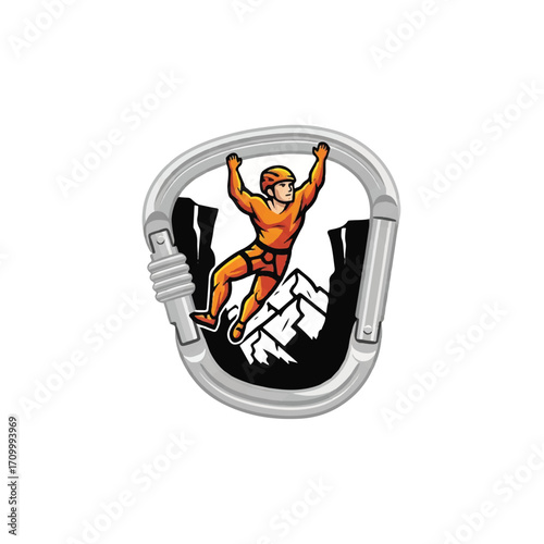 An illustrative logo of a rock climber in orange gear hanging inside a large silver carabiner with a mountain peak behind.