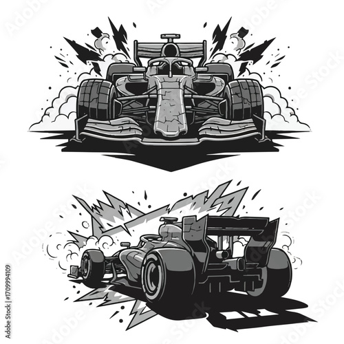 Two dynamic black and white illustrations of a modern formula racing car from front and rear three-quarter views.