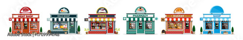 Set of various small shop buildings with awnings. Concept for local store, grocery business, market, and retail architecture.