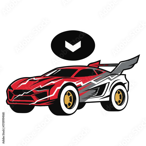Stylized red and white race car illustration with a large spoiler and gold wheels, featuring a black oval with a white downward arrow above it.