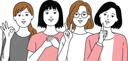 Diverse women friends sharing ideas and positive gestures, showcasing teamwork and connection in a modern style.