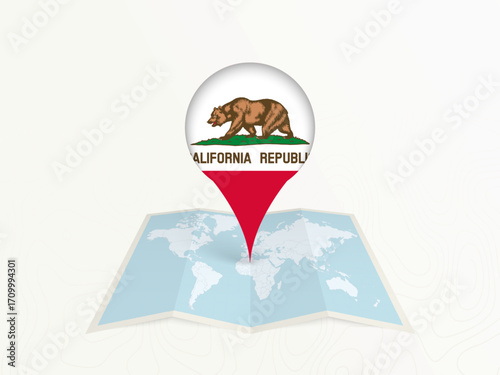California Map Pin with National Flag on Open World Map.
