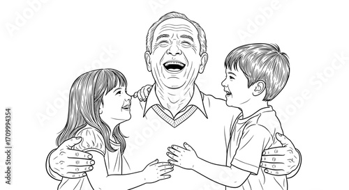 Grandfather laughing with two grandchildren in line art illustration