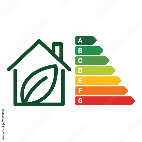 Energy efficiency rating with house and leaf icon showing sustainability and energy conservation concept silhouette