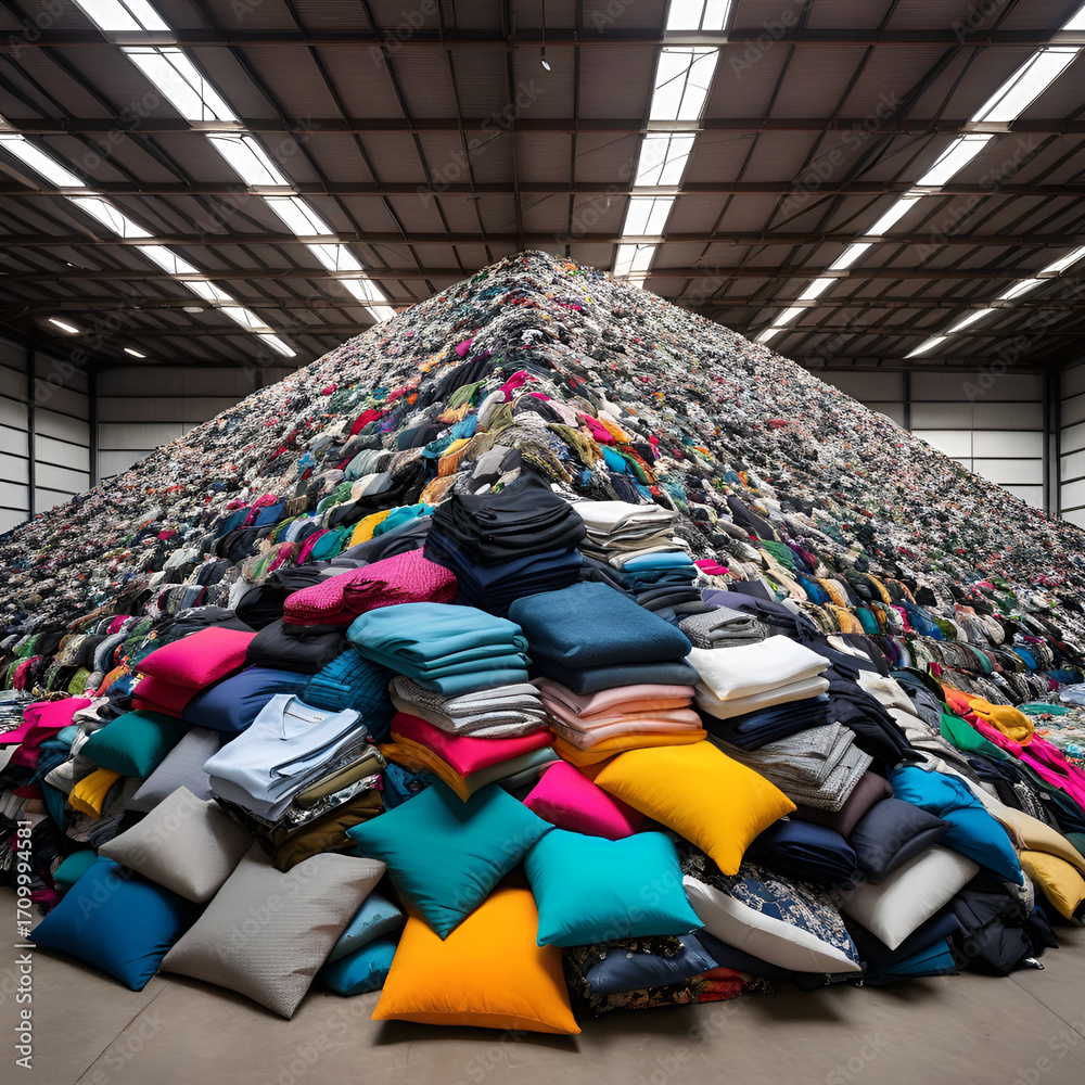 Fototapeta premium A large pile of discarded clothes in various colors and fabrics sits in a warehouse, symbolizing textile waste and fast fashion overproduction