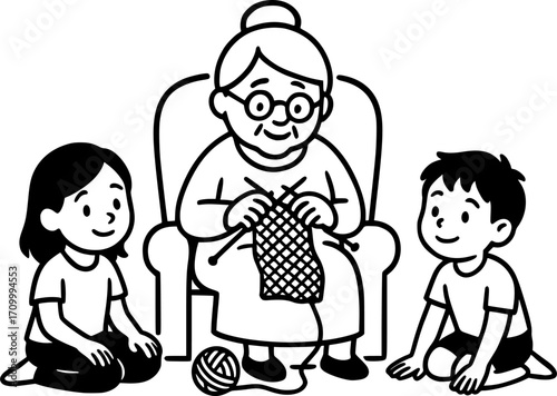 Minimal black and white vector of a grandmother knitting with children nearby, simple silhouette style, perfect for family, home, bonding, and cozy lifestyle themed design projects.
