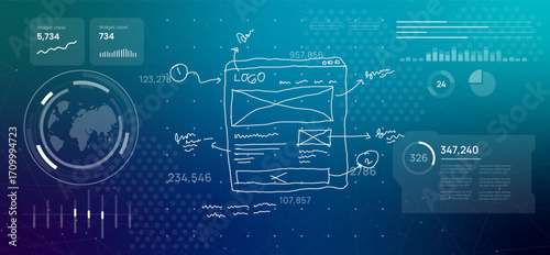 Hand drawn website wireframe and notes illustration represents process of web design UI UX development prototyping and creating digital solutions from initial concepts futuristic tech background