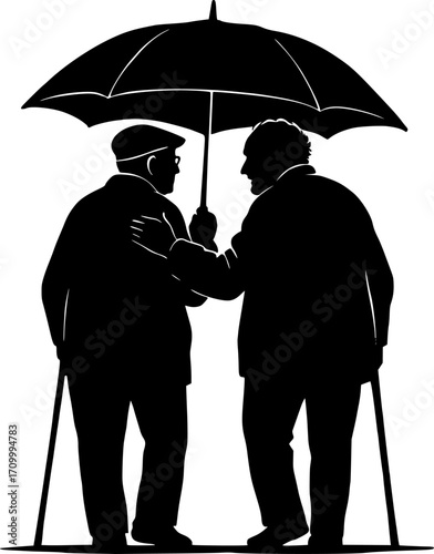 Minimal black and white vector of two elderly friends standing under a large umbrella, warm silhouette style, perfect for friendship, care, and outdoor themed designs.