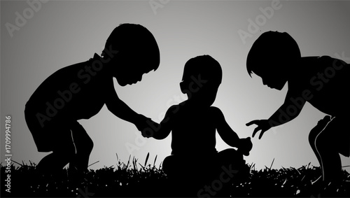 Minimal black and white vector of siblings playing with toys, simple silhouette style, perfect for kids, childhood, family, and playful lifestyle themed designs.
